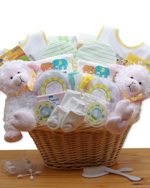 Double Delight Twins New Baby Gift Basket - Yellow
