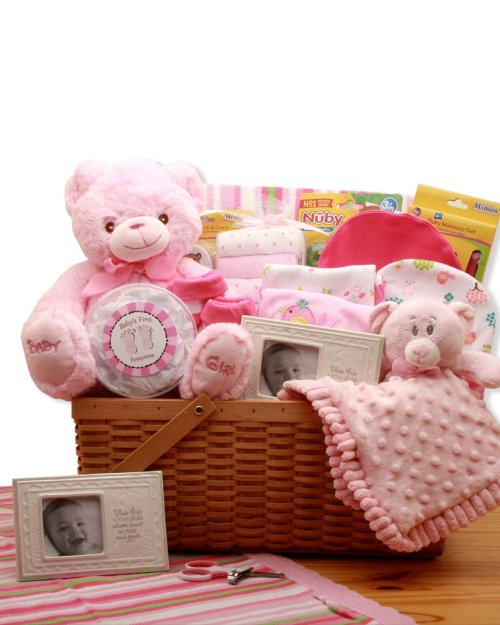 My First Teddy Bear New Baby Gift Basket - Pink